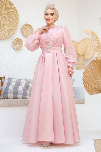 Neva Style Pink Hijab Evening Dress with Buckle Belt 45295P