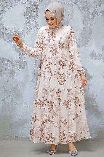 Neva Style Φόρεμα Hijab με λουλούδια καφέ 22054KH