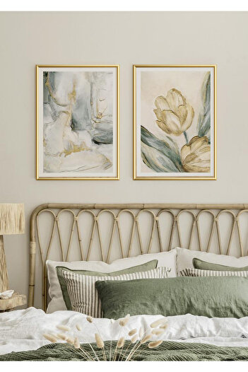 Linacci Yellow Paint Flower Glass Table Set with Double Gold Metal Frame