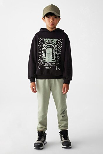 NK 08-14 Yaş Erkek Çocuk Siyah-Yeşil Renk Sweat Pantolon Takım