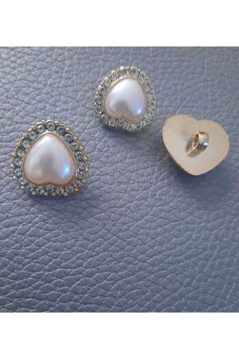 Beyna 1.5cm Heart Metalized Button with Crystal Stones and Pearls - 4Pcs 1 Pack