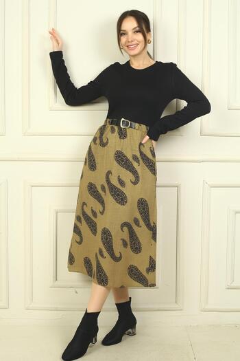 By Saygı Women's Waist Belted Skirt Shawl Patterned Lined Dress