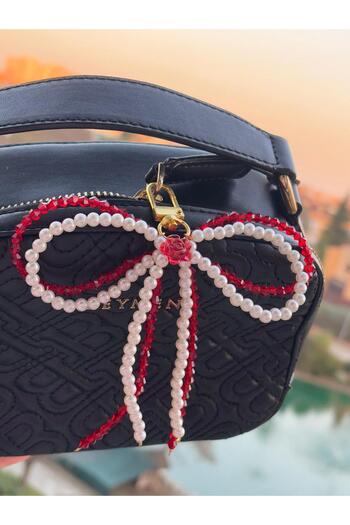 PEONY - peonyofficiall Red Pearl Crystal Bow Bag Charm - Keychain Accessory
