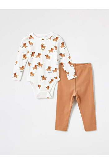 LC Waikiki Crew Neck Printed Bodysuit and Leggings for Baby Girl - Set of 2 with Snaps