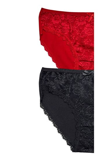 Gizli Butik Κόκκινο μαύρο σετ 2 βαμβακερά εσώρουχα μπικίνι με δαντέλα
