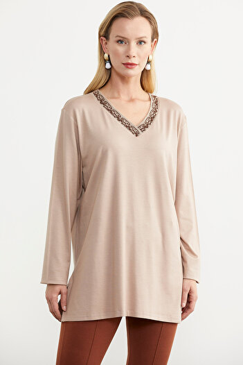 Sementa Tricou cu mânecă lungă bej - Detaliu guler