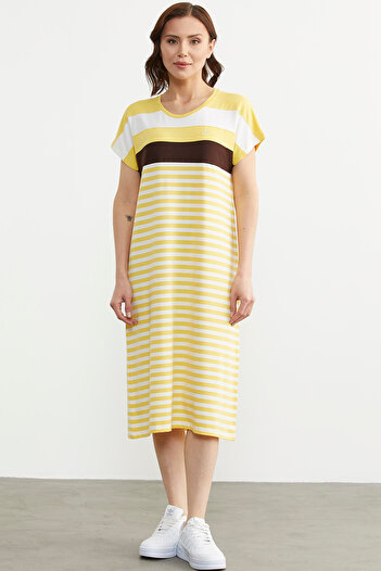 Sementa Yellow Midi Length Crew Neck Marine Dress