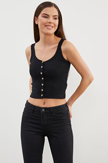 Sementa Buttoned Short Thick Strap Tank Top - Black