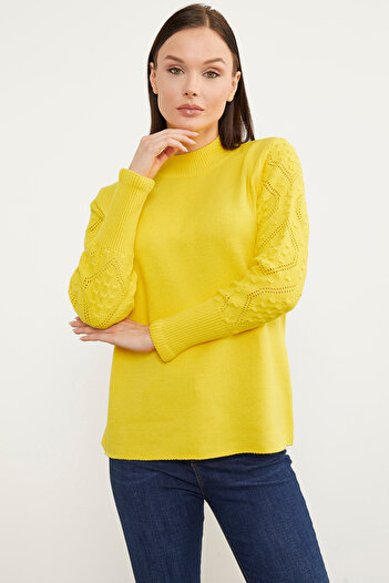 Sementa Half Fisherman Knitwear Sweater with Motif Sleeves - Yellow