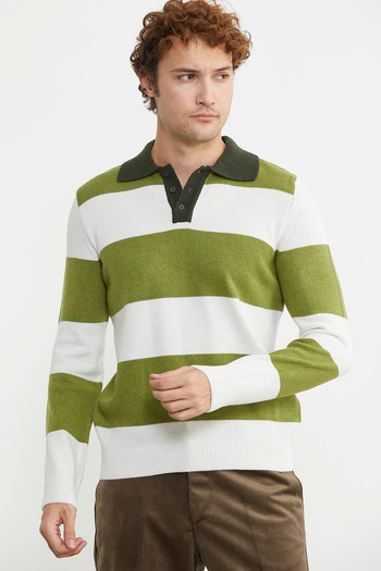 Sementa Green Striped Polo Collar Knitwear Sweater