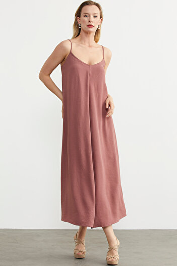 Sementa Rose Colored Long Crepe Dress with Adjustable Straps