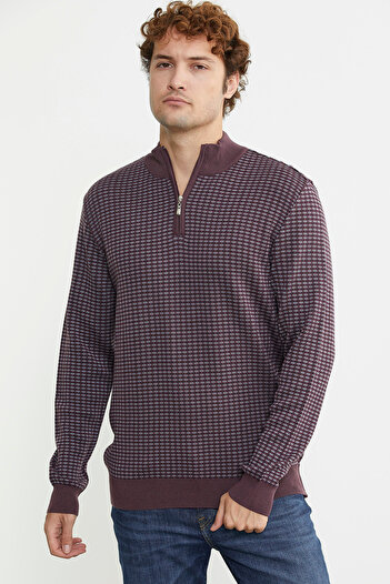 Sementa Plum Stand Collar Half Zipper Knitwear Sweater