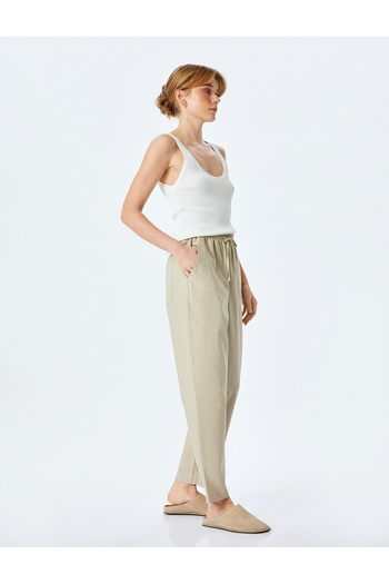 Koton Beige Women's Trousers with Pockets and Laced Waist 5Sak40277Pw