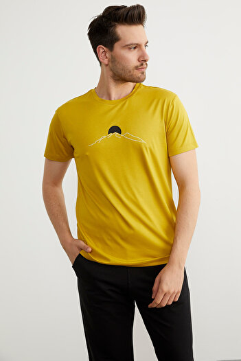Sementa Crew Neck Printed Short Sleeve T-Shirt - Mustard