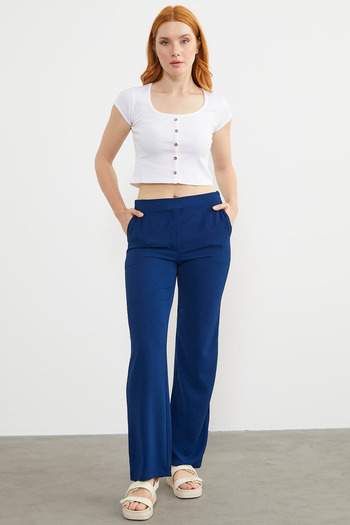 Sementa Comfortable Fit Draped Crepe Trousers - Navy Blue