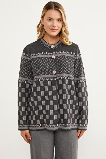 Sementa Stand Collar Patterned Buttoned Knitwear Cardigan - Anthracite
