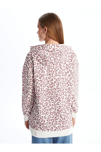 LC Waikiki LCW Modest Mürdüm Kapüşonlu Leopar Desenli Kadın Sweatshirt Tunik