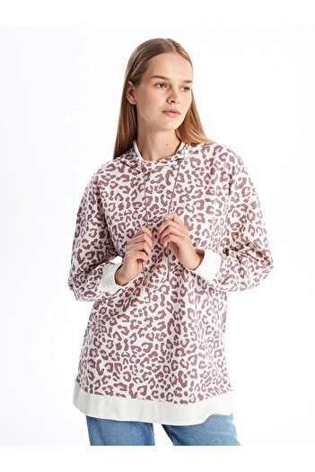 LC Waikiki Lcw Modest Plum Hooded Leopard Print Women's Sweatshirt Tunic