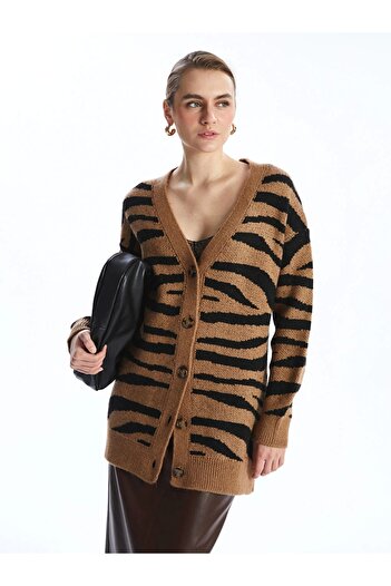 LC Waikiki Γυναικεία πλεκτή ζακέτα Lcwaıkı Classic Beige V-Neck Zebra