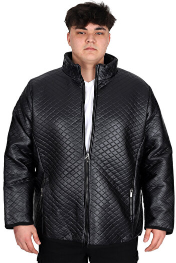 ModeXL Ανδρικό καπιτονέ παλτό με ψηλό γιακά Mode XL Plus Size U24614 Μαύρο Δερμάτινο