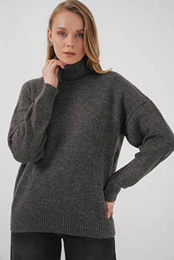Bigdart 15917 Kadın Balıkçı Yaka Oversize Triko Kazak - Antrasit