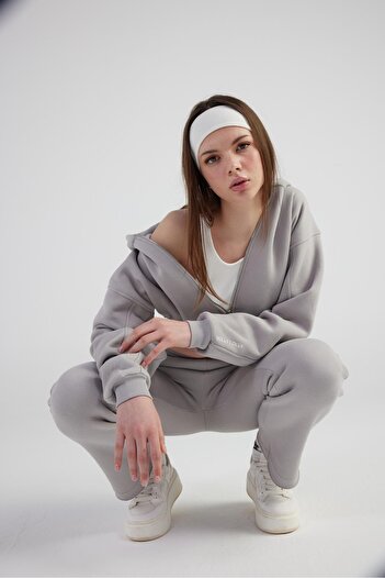 HOLLY LOLLY Kadın Gri Yüksek Bel Straight Kesim Şardonlu Mixed Eşofman Altı