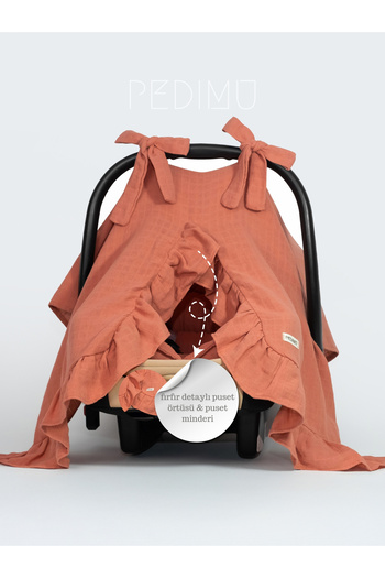 Pedimu Muslin Brick Color Ruffle Detailed Stroller Cover and Stroller Cushion Set