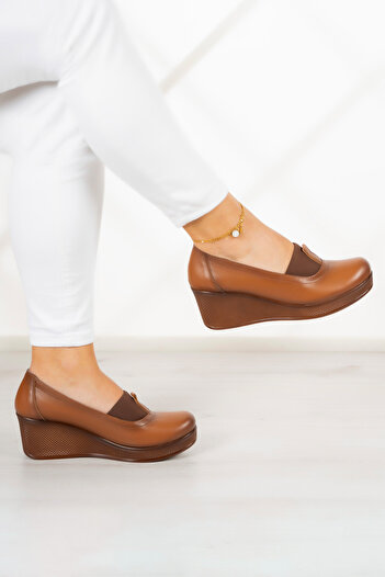 Erkan Saçmacı Daisy Tan Genuine Leather - Daily Wedge Heel Shoes
