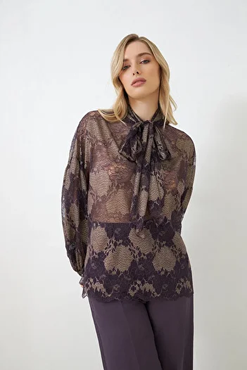 Setre Purple Halter Detailed Relaxed Fit Print Shirt