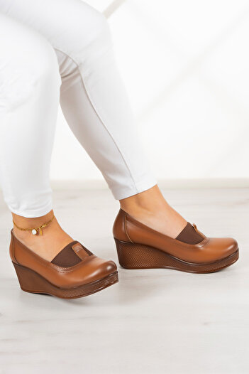 Erkan Saçmacı Daisy Tan Genuine Leather - Daily Wedge Heel Shoes