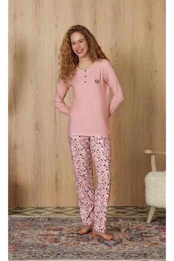 Doreanse Women's Pink Marbling Print Three Button Long Sleeve Pajamas Set