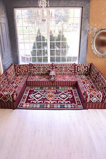 BAKIRÖZÜ HOME Şark Köşesi Takımı Bordo  Anadolu Modeli 15 Parça (20 CM MİNDER KALINLIĞI)