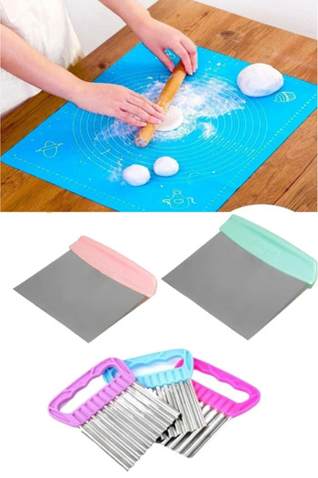 AYGÖREN HOME Kitchen Set of 3 Silicone Dough Mat + Cutting Apparatus Spatula + Potato Chips Cutter