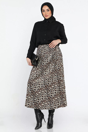 julude Khaki Black Leopard Patterned Hijab Pleated Skirt