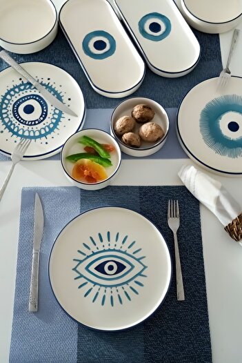 Kevin Seramik 14 Pieces Handmade Special Design Breakfast Set for 6 People with Evil Eye Beads