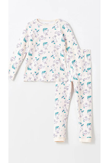 LC Waikiki LCW Kids Pembe Bisiklet Yaka Baskılı Uzun Kollu Kız Çocuk Pijama Takımı