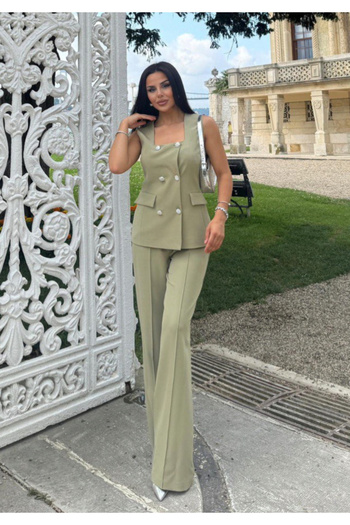 pembekurdelem Khaki Color Women's - Square Collar Classic Vest and Trousers Set