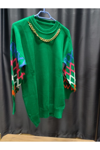 ASUDE TESETTÜR Balloon sleeve print neckline chain knitwear tunic