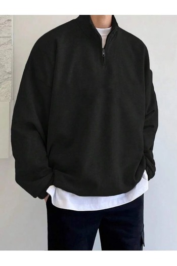 Charme Elegant nisex Büyük Beden İkili Siyah Ve Gri Yarım Fermuarlı Dik Yaka Oversize Siyah Sweatsihrt