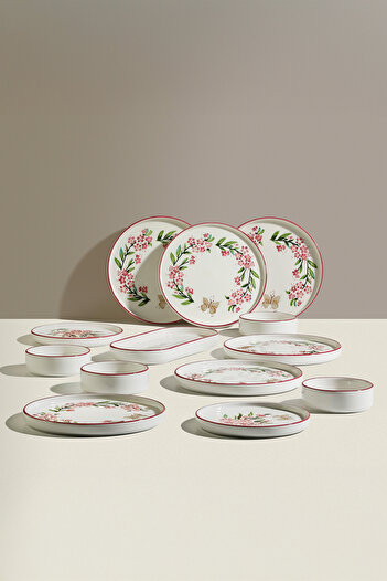 Nehir Set de mic dejun din ceramică Pink Butterfly pentru 6 persoane, 13 piese
