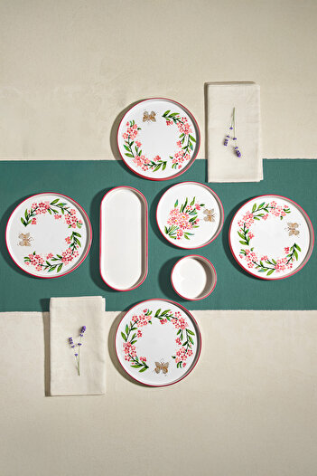 Nehir Set de mic dejun din ceramică Pink Butterfly pentru 6 persoane, 13 piese