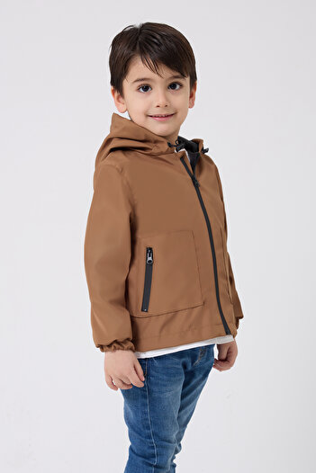 freemen Tan Color Boys' Raincoat - Waterproof and Windproof, Hood, Double Zipper and Pocket