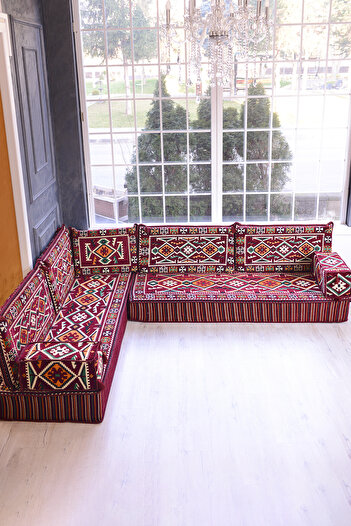BAKIRÖZÜ HOME Şark Köşesi Takımı Bordo  Anadolu Modeli 9 Parça (20 CM MİNDER KALINLIĞI)