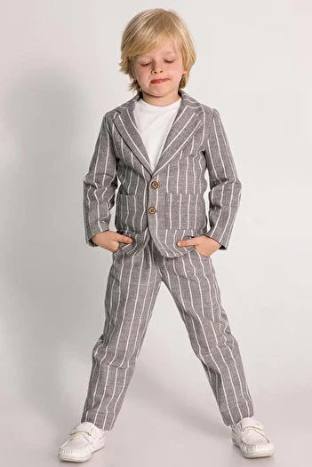 Riccotarz Boy's Double Breasted Lapel Cut Striped Linen Blazer Jacket Combed Cotton T-Shirt Smoked Linen Bottom Top Suit