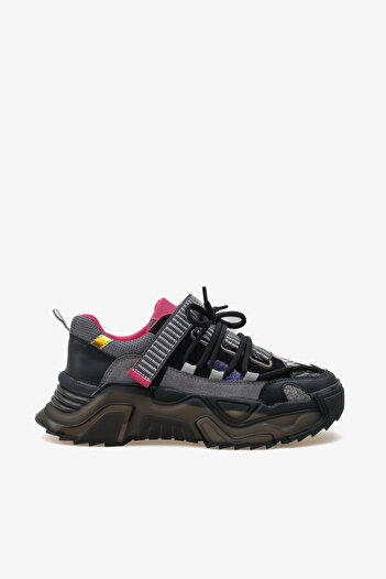 SAYL Siyah Çok Renkli Cırtlı Bağcıklı Şeffaf Kalın Taban Kadın Sneaker