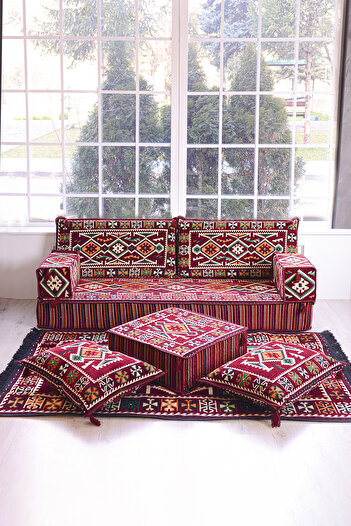 BAKIRÖZÜ HOME Şark Köşesi Takımı Konsepti Bordo  Anadolu Modeli 9 Parça (20 CM MİNDER KALINLIĞI)