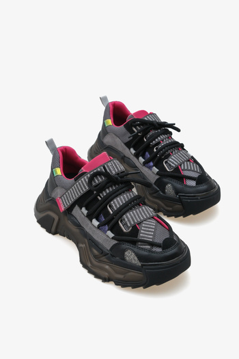SAYL Siyah Çok Renkli Cırtlı Bağcıklı Şeffaf Kalın Taban Kadın Sneaker
