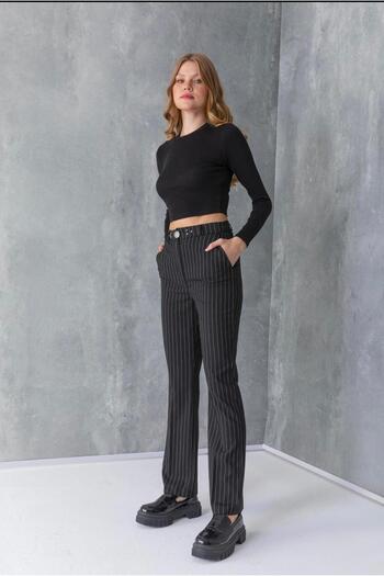 ribana Stone Striped Fabric Pants with Belt Button