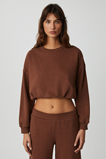 GRIMELANGE Dewanna Women's Long Sleeve Crop Bitter Coffee Tracksuit Set
