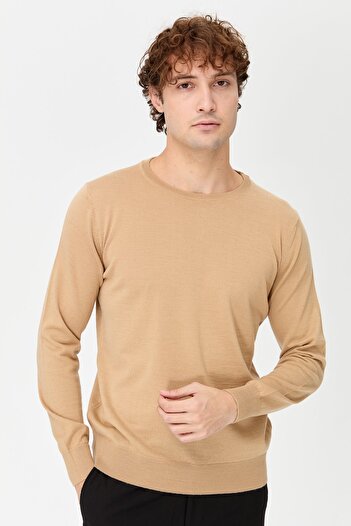 Desen Triko Men's Basic Crew Neck Fine Knitwear Sweater Light Brown